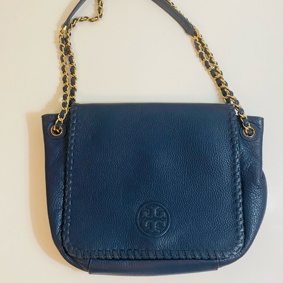 SOLD Tory Burch NWOT navy blue pebbled leather Marion shoulder bag - Picture 8 of 17